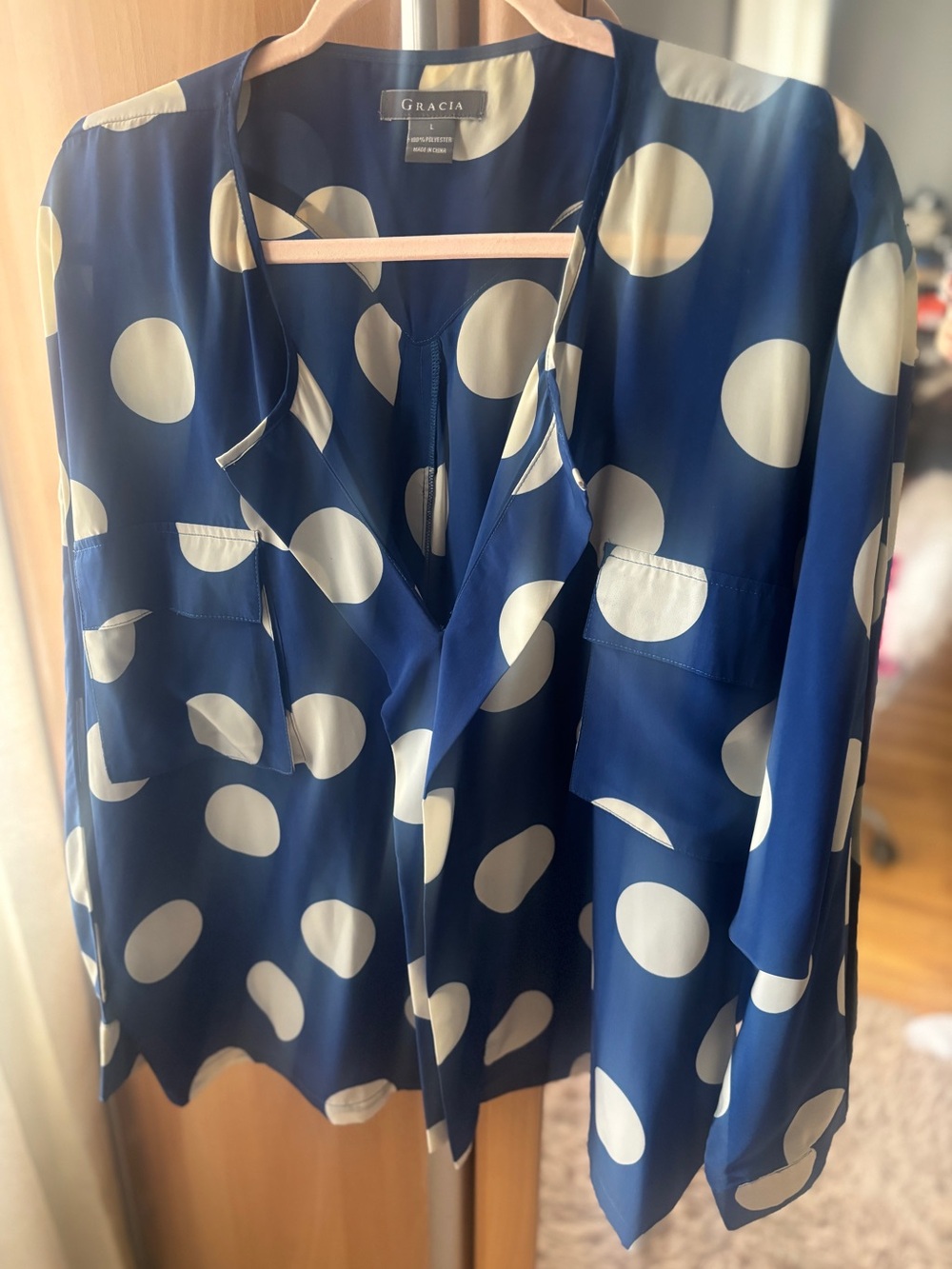 Garcia Cobalt Blue & Ivory Polka Dot Blouse | Silky Draped V-Neck Top Large